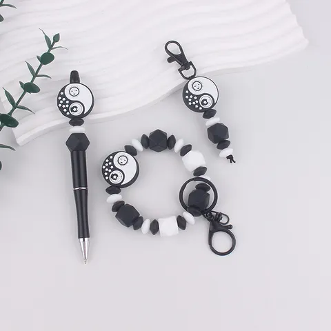 Stern Mond Yin Yang Perlenstift Silikon Armband Schlüsselanhänger Schwarz Weiß Himmlisches Muster Tasche Anhänger Zubehör