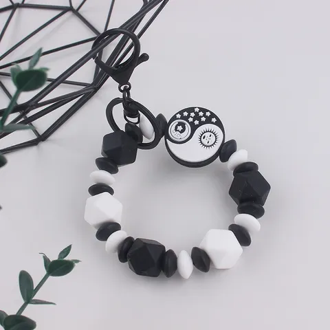 Stern Mond Yin Yang Perlenstift Silikon Armband Schlüsselanhänger Schwarz Weiß Himmlisches Muster Tasche Anhänger Zubehör