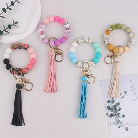 Llavero de Pulsera de Cuentas de Silicona de Grado Alimenticio Con Borla Pulsera de Silicona Estampada Llavero para Mujer Joyería