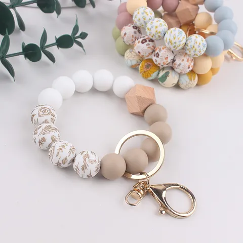 Silicone Bead Bracelet Keychain With Octagonal Beech Wood Bead Printed Silicone Wristlet Lanyard Keychain Pendant For Women Gift