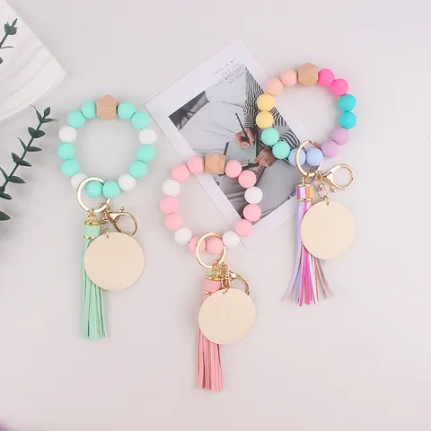 Silicone Bead Keychain Bracelet With Faux Leather Tassel Wooden Bead Wristlet Bangle Key Ring For Women Teacher Valentine Day Gift