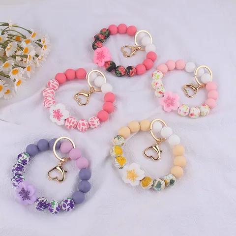 Silicone Beaded Wristlet Keychain Flower Pendant Heart Metal Clasp Daisy Pattern Key Ring Bracelet For Women Gift Fashion Accessories