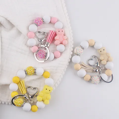 Cartoon 3D Bear Silicone Beaded Bracelet Keychain Heart Clasp Tassel Rhinestone Charm Wristband Key Ring Jewelry Gift For Women