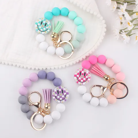 Cute Smiley Face Silicone Bead Keychain Bracelet With Leather Tassel Checkboard Pattern Flower Pendant Women Hand Keyring Bag Charm