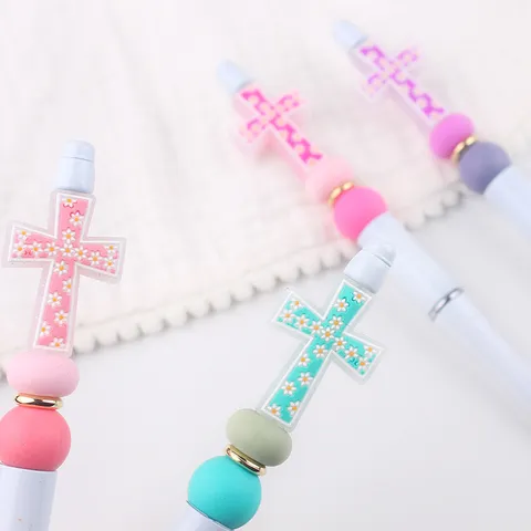 Creative DIY Beaded Ballpoint Pen Plastic Silicone Cross Daisy Pattern Craft Pen For School Office Writing Supplies