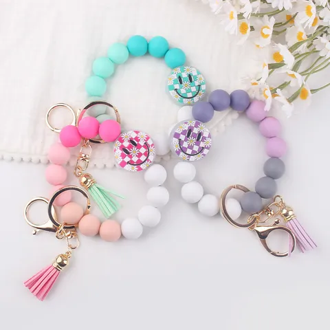 Cute Smiley Face Silicone Bead Keychain Bracelet With Leather Tassel Checkboard Pattern Flower Pendant Women Hand Keyring Bag Charm