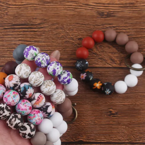 Silicone Beaded Wristlet Keychain For Women Leopard Floral Print Beads Bangle Key Ring With Alloy Clasp Fashion Wrist Keychain Accessory