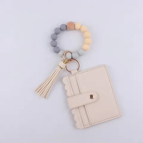 Llavero de Pulsera de Cuentas de Silicona Con Tarjetero de Cuero PU Borla Anillo de Llave para Mujer Cartera de Pulsera Llavero