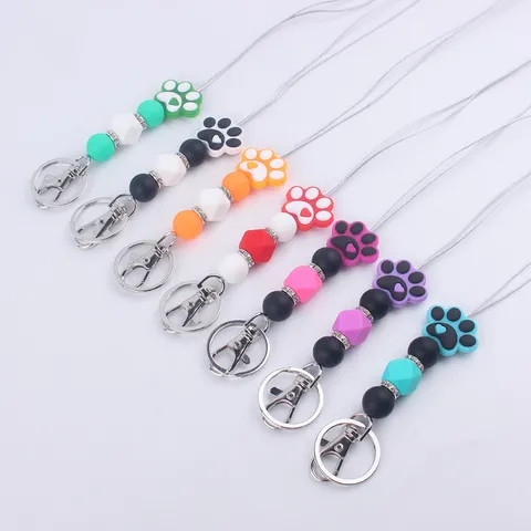 Cartoon Dog Paw Silicone Beaded Keychain Bracelet Handmade Rhinestone Crystal Charm Pendant Wrist Strap Key Ring Holder Jewelry Bag Accessory