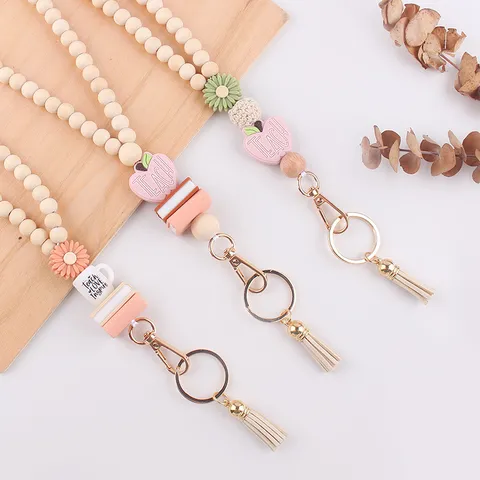 Wood Bead Silicone Lanyard Necklace With Daisy Apple Book Pendant Keychain Tassel For Teacher ID Badge Holder Unisex Jewelry