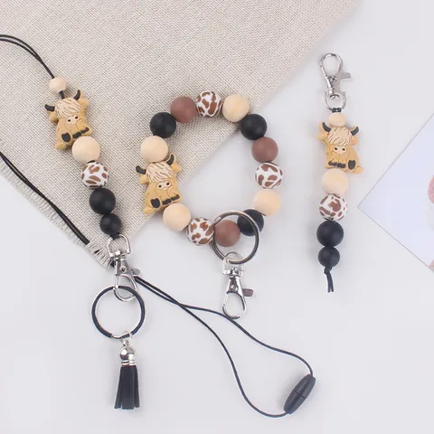 Creatieve Cartoon Schotse Hooglander Siliconen Kralen Pols Sleutelhanger DIY Houten Kralen Kwastje Sleutelhanger Tas Hanger