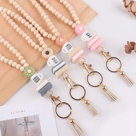 Handgemaakte Houten Kralen Lanyard Sleutelhanger Met Siliconen Madeliefje Boek Koffiekopje Bedeltjes Kwastje ID Badgehouder Riem Voor Dames Heren