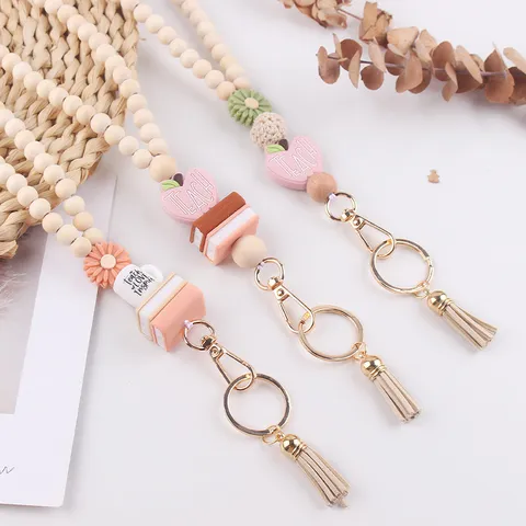 Wood Bead Silicone Lanyard Necklace With Daisy Apple Book Pendant Keychain Tassel For Teacher ID Badge Holder Unisex Jewelry