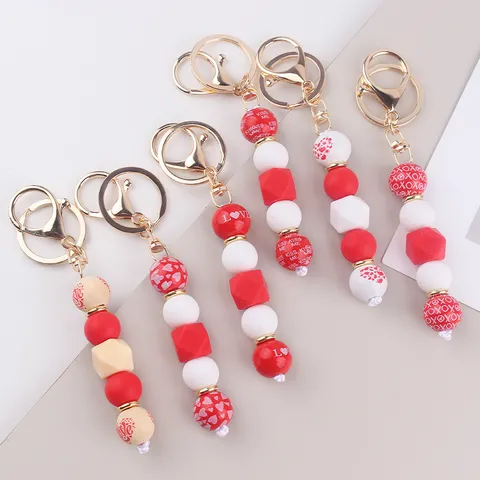 Valentinstag Herz Holz Silikon Metall Perle Schlüsselanhänger Taschenanhänger Accessoire Für Damen Mädchen Buchstaben Druck Schlüsselring