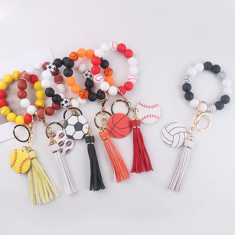 Silicone Beaded Wristlet Keychain PU Leather Tassel Sports Ball Pendant Bracelet Key Ring For Women Football Basketball Volleyball Key Ring Daily Accessory