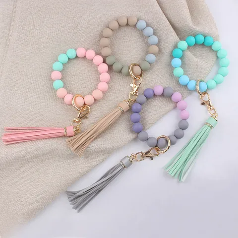 Silicone Beaded Wristlet Keychain With PU Leather Tassel Fashion Hand Bracelet Key Ring For Women Girls Gift