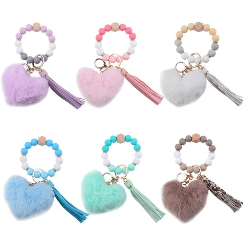 Portachiavi da Polso in Grani di Silicone Con Nappina in Pelle PU Pendente a Cuore di Peluche Bracciale per Donna