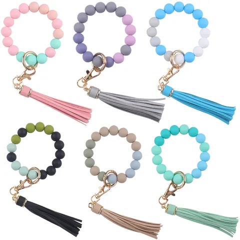 Silicone Beaded Wristlet Keychain With PU Leather Tassel Fashion Hand Bracelet Key Ring For Women Girls Gift