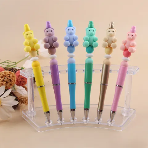 Creative Cute Cartoon Bear Silicone Beading Ballpoint Pen Colorful Plastic DIY Handcrafted Writing Pen School Office Stationery