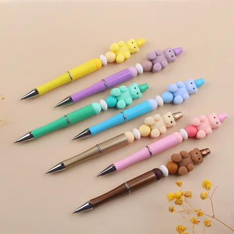 Creative Cute Cartoon Bear Silicone Beading Ballpoint Pen Colorful Plastic DIY Handcrafted Writing Pen School Office Stationery