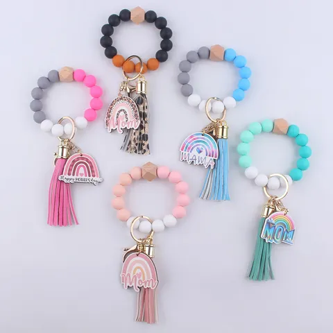Mother's Day Gift Silicone Bead Keychain Bracelet With Leather Tassel Rainbow Heart Charm Mom Mama Wristlet Key Ring For Women