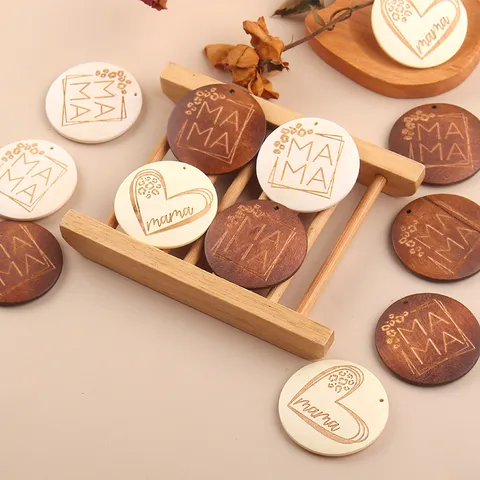 Mother Day Wooden Round Disc Keychain Pendant Creative Mama Letter Heart Leopard Pattern DIY Craft Decorative Accessories