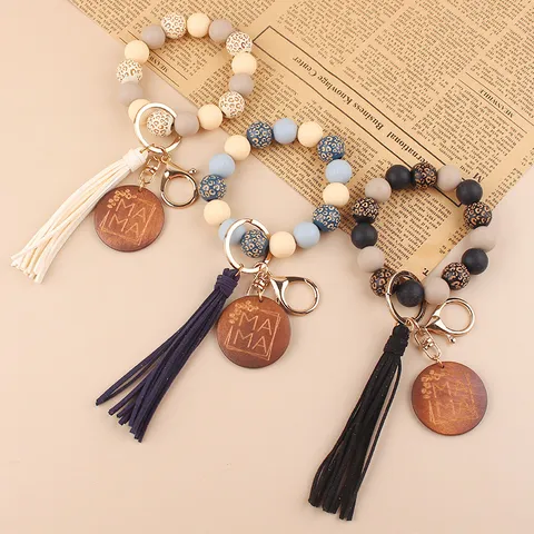 MAMA Silicone Bead Tassel Keychain For Women Leopard Print Wood Bead Wristlet Keyring PU Leather Tassel Bracelet Keychain Mother's Day Gift