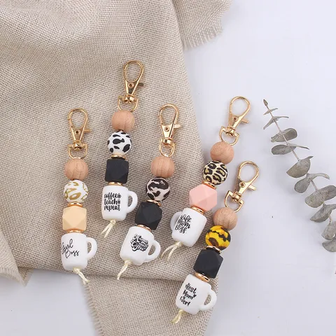 Leopard Silicone Beaded Keychain Coffee Cup Pendant Wood Bead Bag Charm Key Ring Personalized Gift For Women Jewelry