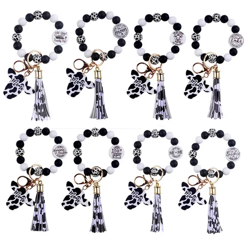 Cartoon Western Bull Head Silicone Beaded Bracelet Keychain Cow Pattern Leather Tassel Key Ring Pendant Gift For Men Women