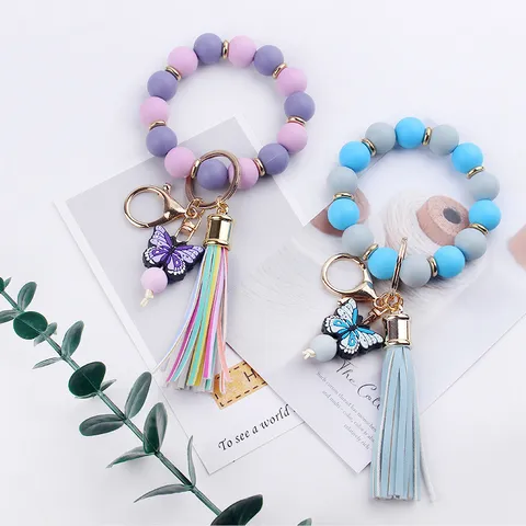 Butterfly Silicone Beaded Wristlet Keychain With PU Leather Tassel Ring Bracelet Key Holder For Women Fashion Jewelry Gift