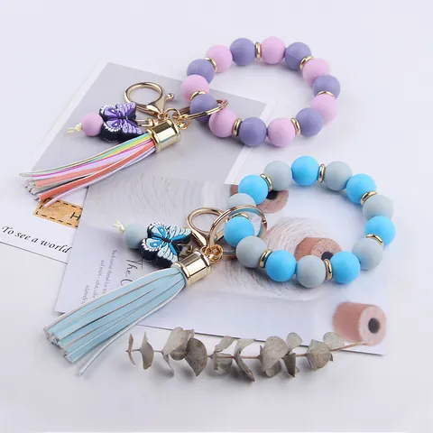 Butterfly Silicone Beaded Wristlet Keychain With PU Leather Tassel Ring Bracelet Key Holder For Women Fashion Jewelry Gift