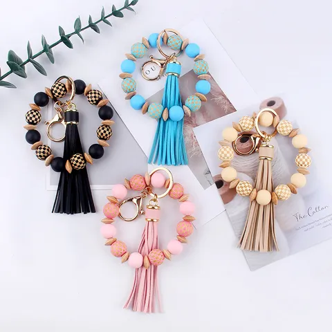 Llavero de Pulsera de Silicona y Cuentas de Madera Con Borla de Cuero PU Cuentas de Madera a Cuadros Llavero de Muñeca para Mujer