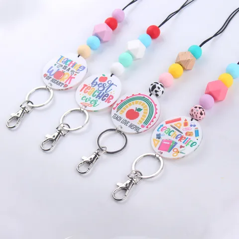 Regalo Apreciación Maestro Llavero Cuentas Silicona Cordón Con Colgante Acrílico Arcoíris Manzana Estampado Best Teacher Ever Joyería