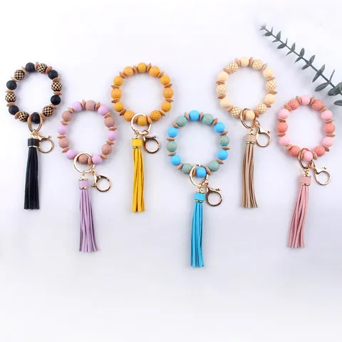 Llavero de Pulsera de Silicona y Cuentas de Madera Con Borla de Cuero PU Cuentas de Madera a Cuadros Llavero de Muñeca para Mujer