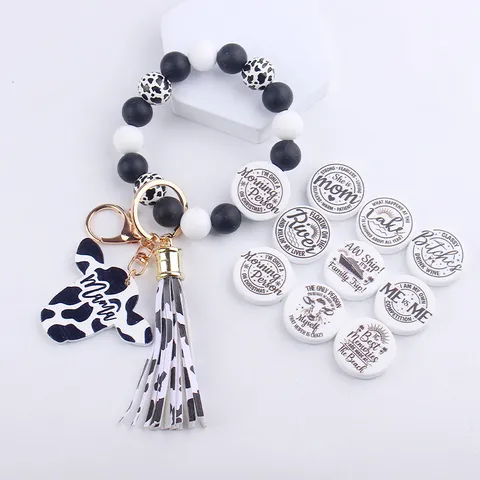Cartoon Western Bull Head Silicone Beaded Bracelet Keychain Cow Pattern Leather Tassel Key Ring Pendant Gift For Men Women