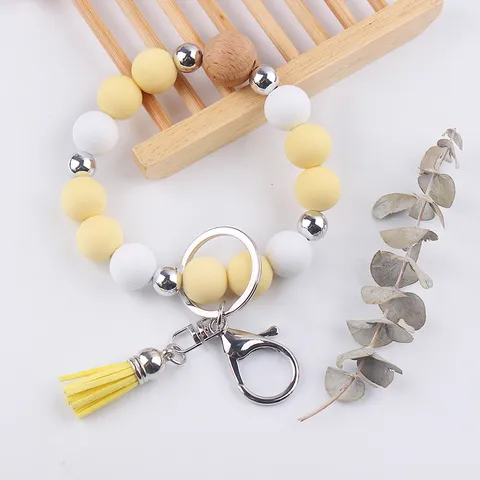Handmade Silicone Beaded Wristlet Keychain With Wooden Bead Faux Leather Tassel Alloy Key Ring Bangle Bracelet Charm For Handbag Women Wallet Holder