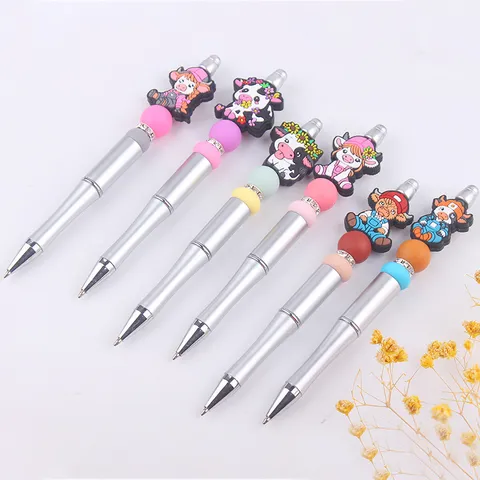 DIY Beaded Ballpoint Pen Creative Handmade Cow Silicone Beads Pen Multicolor Plastic Rhinestone Decorative Writing Pen For Office School Supplies