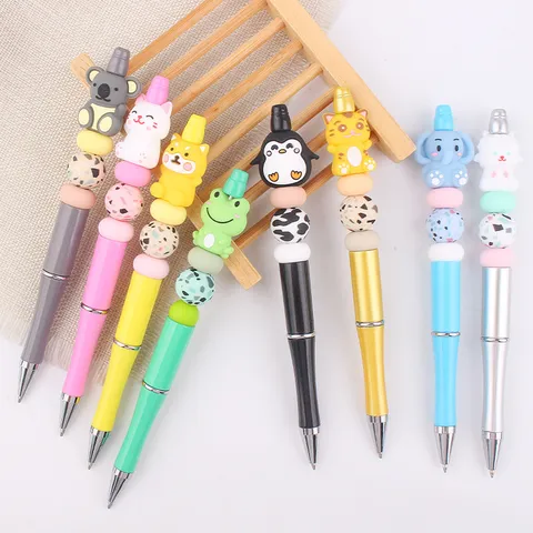 DIY Creative Beaded Ballpoint Pen Cute 3D Cartoon Animal Silicone Beads Plastic Writing Pen For School Kids Gift Office Stationery