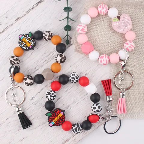 Silicone Beaded Wristlet Keychain With Apple Teacher Pendant PU Leather Tassel Bracelet Key Ring Appreciation Gift For Women