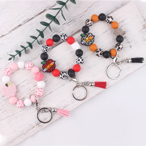 Silicone Beaded Wristlet Keychain With Apple Teacher Pendant PU Leather Tassel Bracelet Key Ring Appreciation Gift For Women