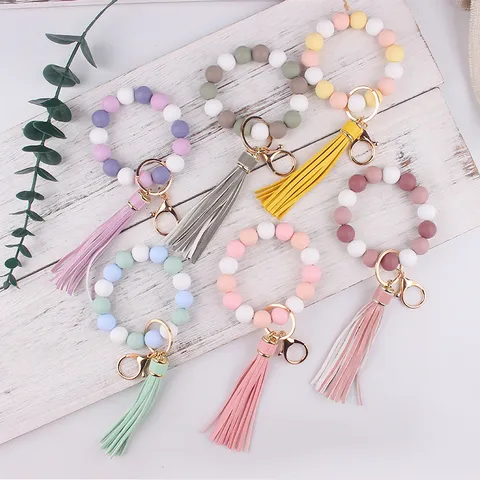 Silicone Bead Keychain Wristlet Bracelet for Women Beechwood PU Leather Tassel Key Ring Bangle Purse Charm Accessories