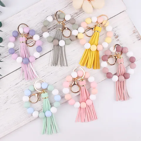 Silicone Bead Keychain Wristlet Bracelet for Women Beechwood PU Leather Tassel Key Ring Bangle Purse Charm Accessories