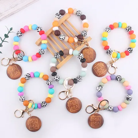 Creative Colorful Silicone Beads DIY Keychain Wristlet Bracelet With Round Wooden Engraved MAMA Tag Metal Clasp Key Ring Charm For Mother Day Women Gift