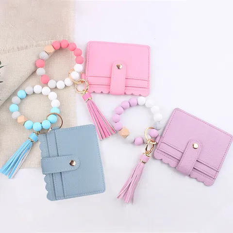 Silicone Bead Bracelet Keychain With PU Leather Card Holder Wallet Tassel Key Ring For Women Bag Charm Fashion Accessory