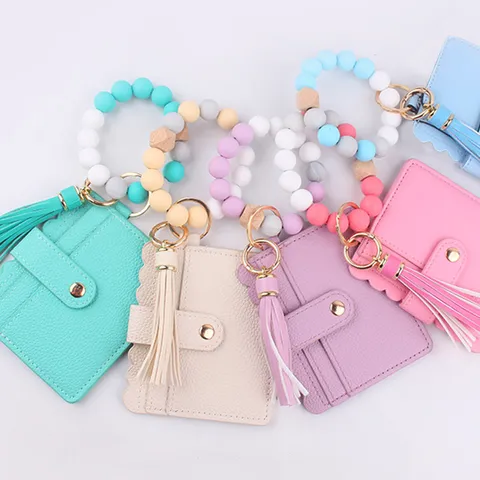 Silicone Bead Bracelet Keychain With PU Leather Card Holder Wallet Tassel Key Ring For Women Bag Charm Fashion Accessory