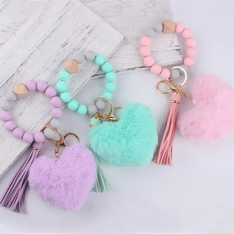 Silikonperlen Armband Schlüsselanhänger Mit Plüsch Herz PU Leder Quaste Leopardenmuster Holzperlen Schlüsselring Tasche Anhänger Damen Zubehör