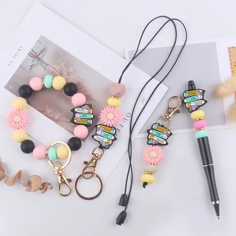 Cartoon Pencil Silicone Beads Keychain Creative DIY Daisy Book Pendant Keychain Ring Soft Silicone Ballpoint Pen For Teachers Gift Graduation Party Ornaments
