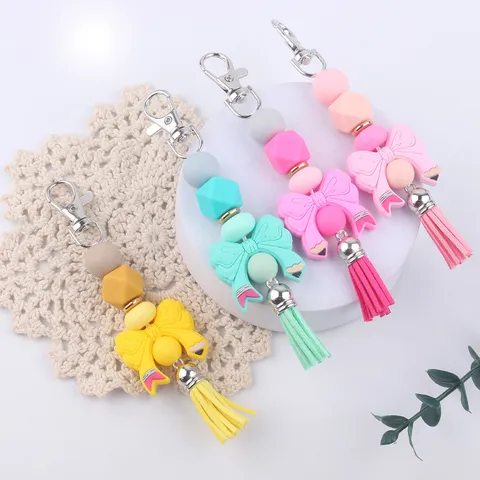 Bow Silicone Beaded Keychain With PU Tassel Cute Wristlet Bag Charm For Women Keys Accessories
