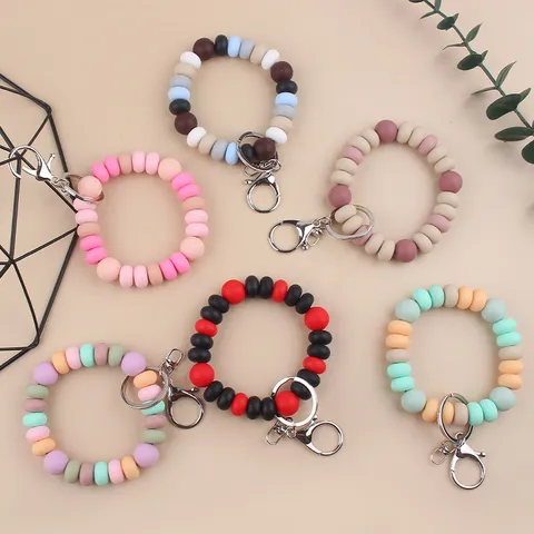 Creative Silicone Beaded Wristlet Keychain For Women Silicone Alloy Flat Round Bead Bracelet Key Ring DIY Wristband Accessory