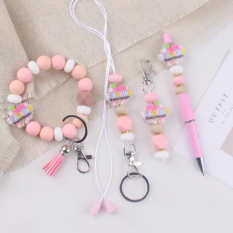Geschenkset Zum Lehrertag Cartoon Silikon Perlen Schlüsselanhänger Armband Schlüsselband Kugelschreiber DIY Zubehör Für Lehrerinnen
